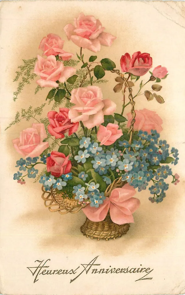 Bouquet de roses et de myosotis — dans un panier avec nœud rose — éditeur non visible - Frente