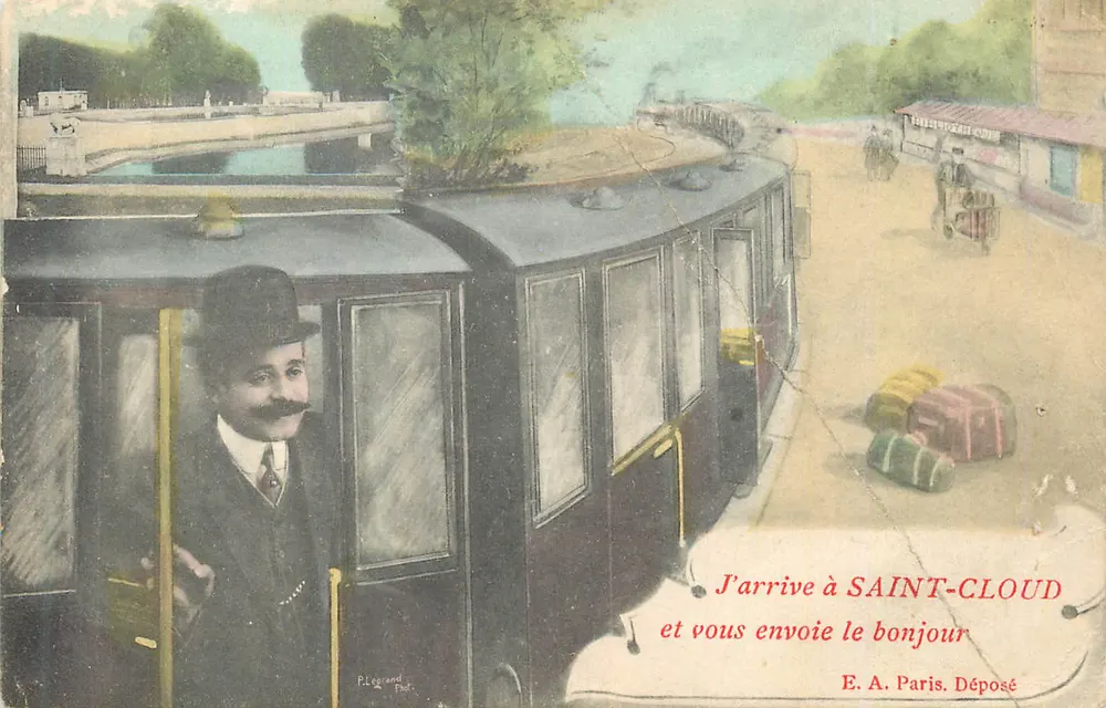 Arrivée à Saint-Cloud — scène de tramway avec homme au chapeau — éditeur P. Legrand, Paris - Anverso