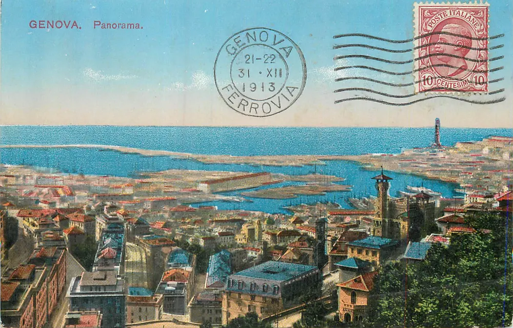 Gênova. Panorama — vista aérea do porto e dos edifícios — Poste Italiane - Frente