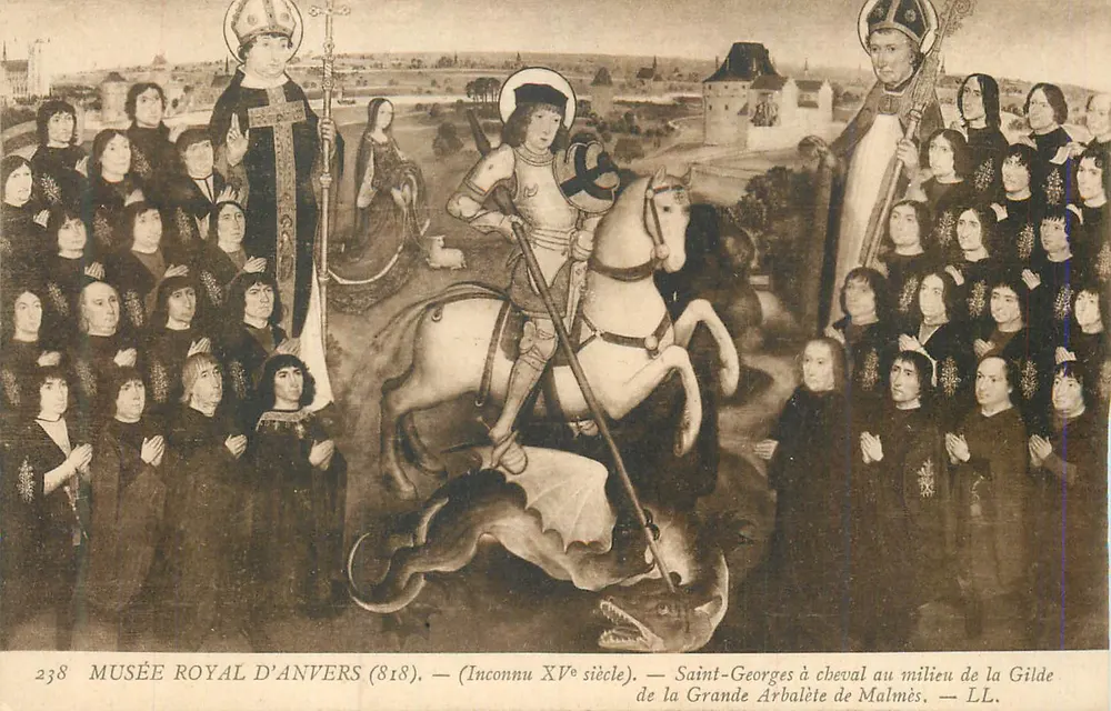 Saint-Georges auf Pferd in der Mitte der Gilde der Großen Armbrust von Malmès — Königliches Museum von Antwerpen (818) — (Unbekannt, 15. Jahrhundert) - Vorderseite