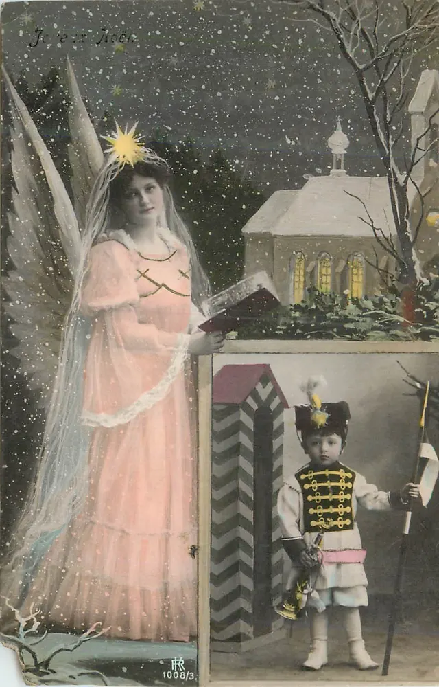 Bon Natal — Anjo e criança em uniforme — editor RR, n° 1008/3 - Frente