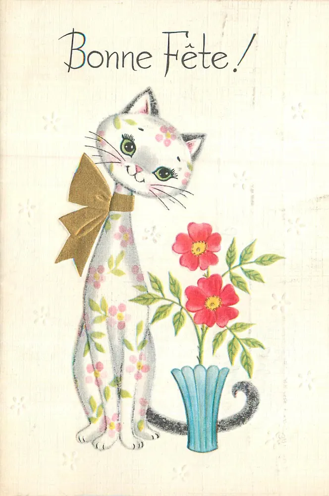 Gato decorativo — flores e texto "Bom Festim!" — carta postal - Frente
