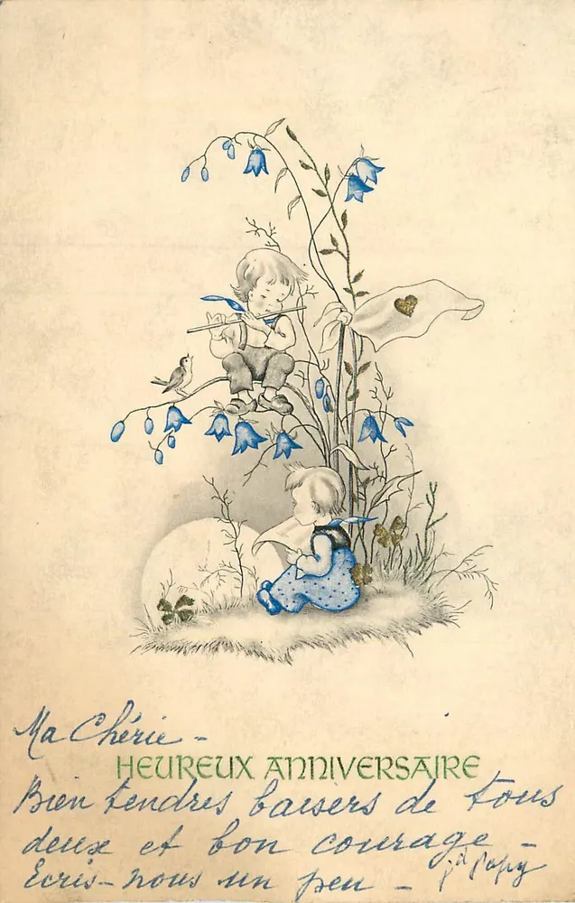 Crianças brincando com flores azuis — Carta de aniversário — editor e número de série ilegíveis - Frente