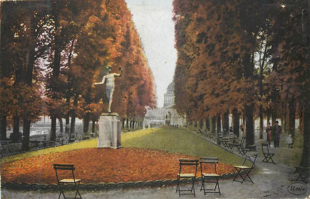 Parque da Villette — Vista de outono com estátua — Editor Unic - Frente