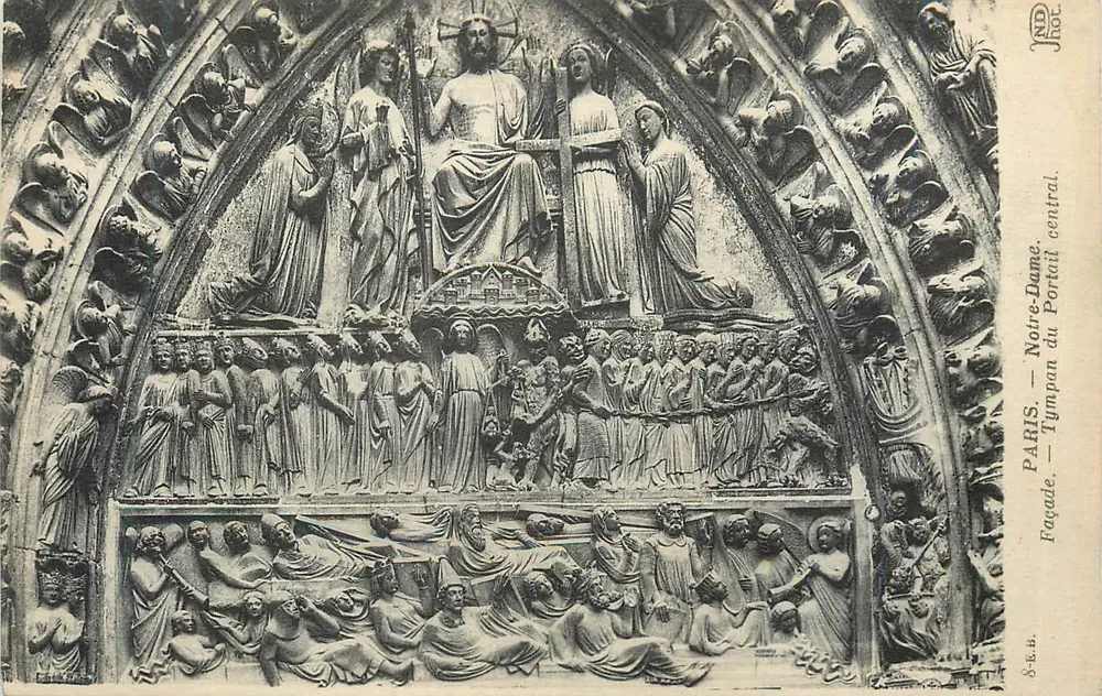 Paris — Notre-Dame — Portal central — Fachada — Timpanos - Frente