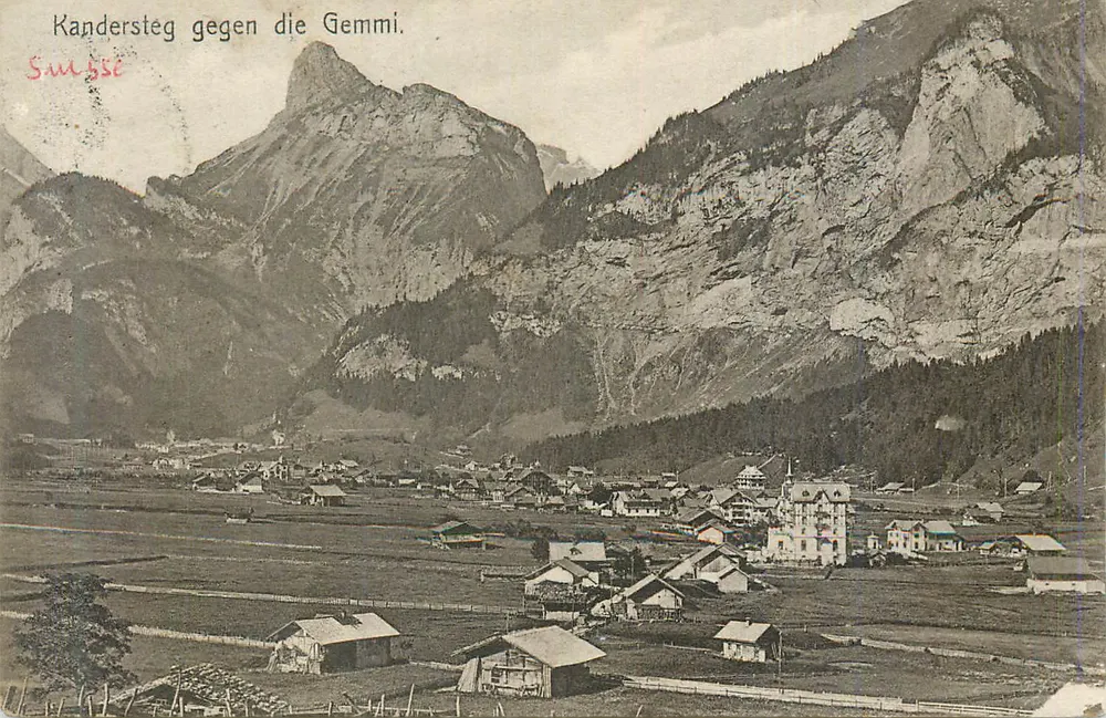 Kandersteg gegen die Gemmi. — Widok wioski Kandersteg i szczytu Gemmi — wydawca Szwajcaria - Awers