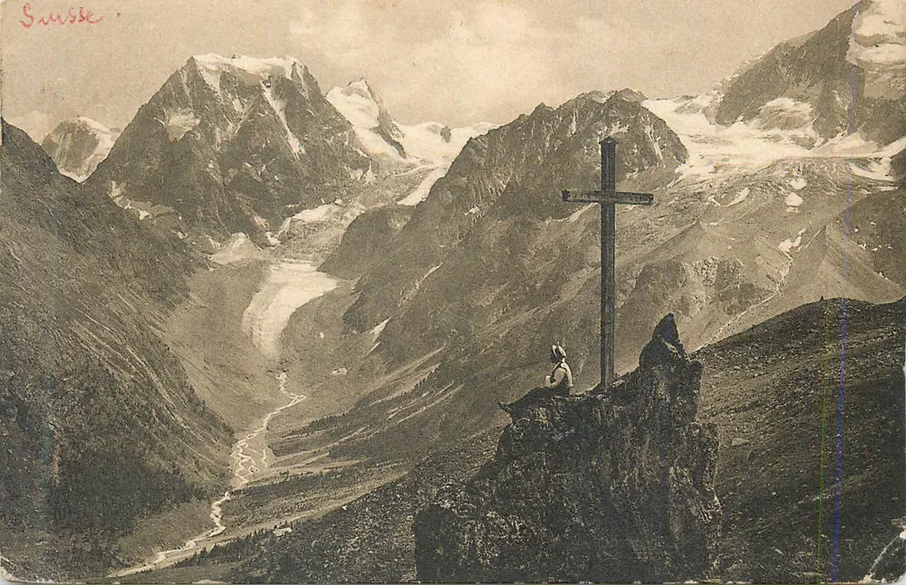 Cruz de montanha — vista panorâmica dos Alpes suíços — editor não identificável - Frente