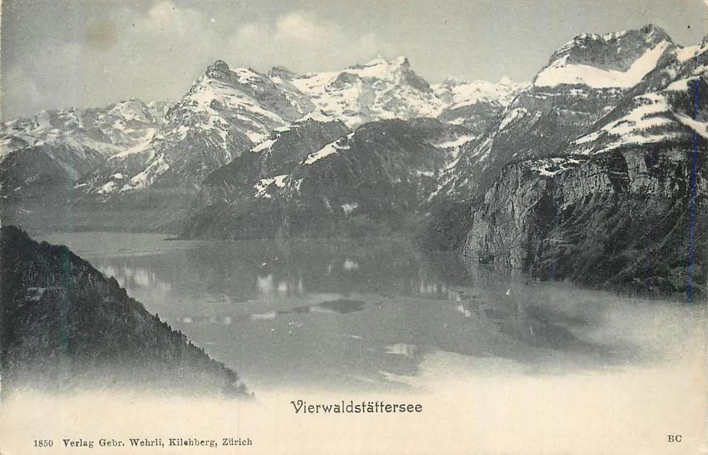 Lago de Vierwaldstättersee — vista panorâmica com montanhas nevadas — Verlag Gebr. Wehrli, Kilchberg, Zürich - Frente