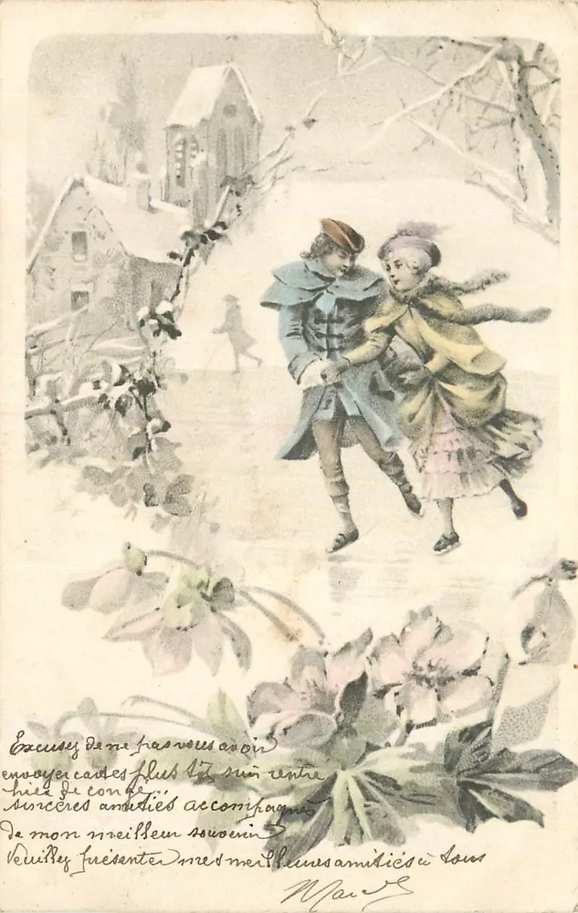 Deux jeunes amoureux patinant — scène hivernale avec église en arrière-plan — éditeur non visible - Frente