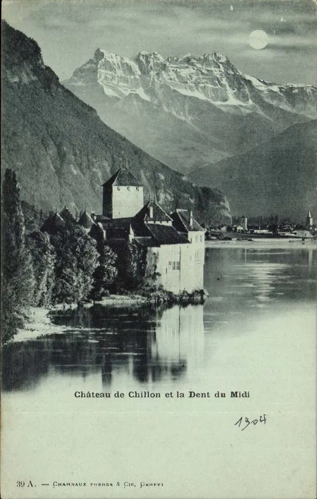 Kasteel Chillon en de Dent du Midi — nachtgezicht met maan — Charnaux Frères & Cie, Genève, n° 39 A - Voorkant