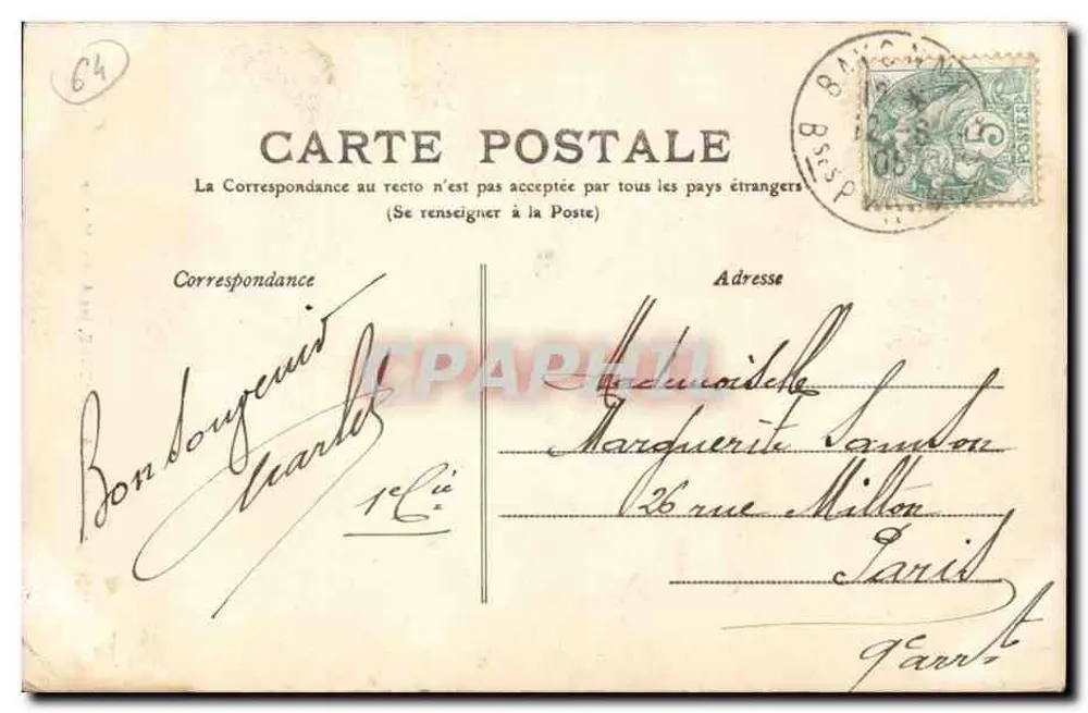 Bassés-Pyrénées — 74 — BAYONNE, as Alées Marinha — editor M. L. 64 - Verso