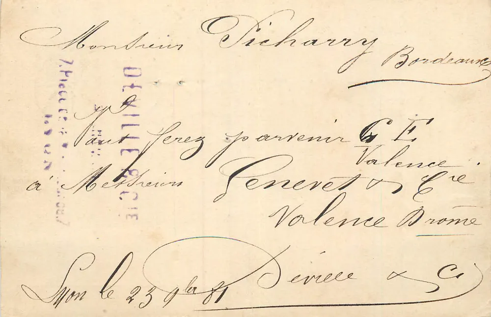 Valence Drome — Korrespondenz an Herrn Richarry Bordeaux — datiert um 1881 - Vorderseite