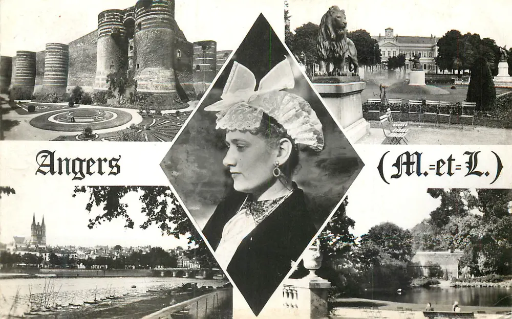 Angers — vista panorâmica com castelo, estátua do leão e paisagem fluvial — (M.=et=L.) - Frente