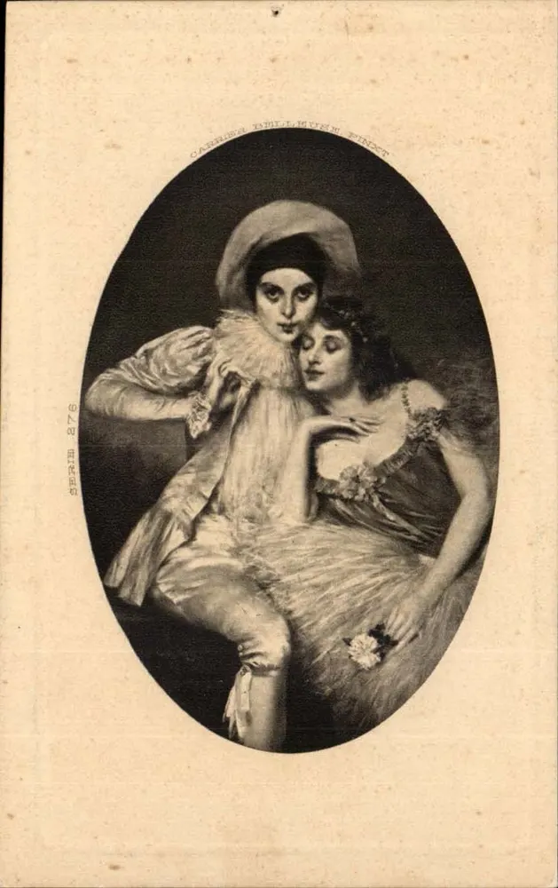 Dois personagens em traje da época — gravura de Carrie B. B. Pinch — editora não visível - Frente