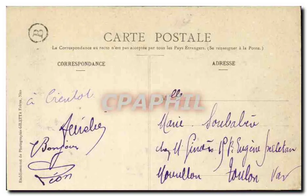 Nice — Lembrete de Nice — Edição Gilletta Frères, n°118 - Verso