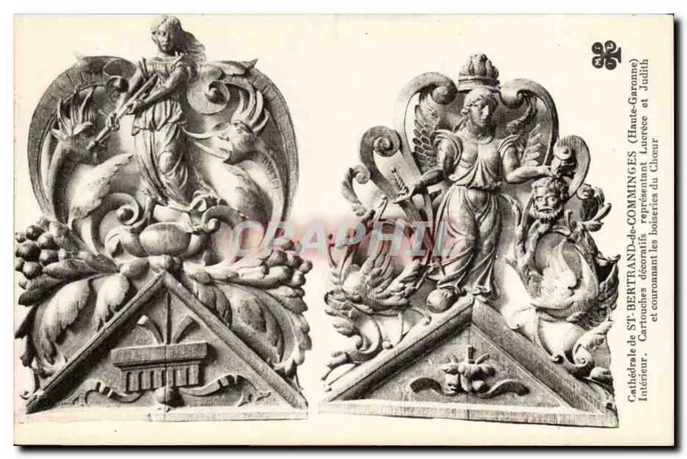 Catedral de ST-BERTHARD-de-COMMINGES — Interior. Cartuchos decorativos representando Lúcrcea e Judite coroando as madeiras do Coro — (Haute-Garonne) - Frente