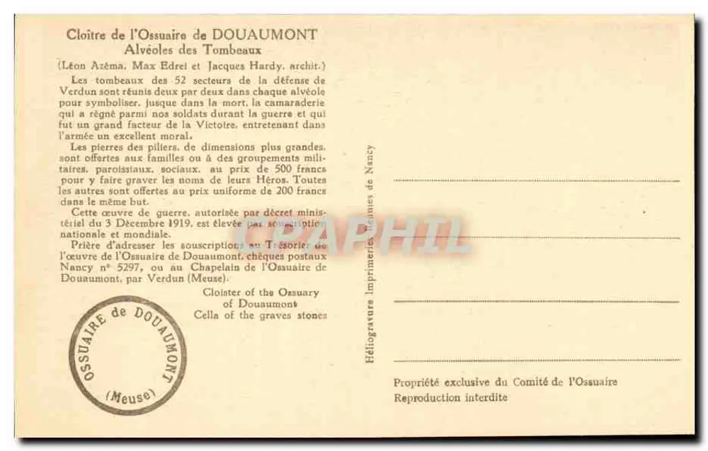 Cloître de l'Ossuaire de Douaumont — Cloître dos alvéolos das tumbas — Impressora Nancy - Verso