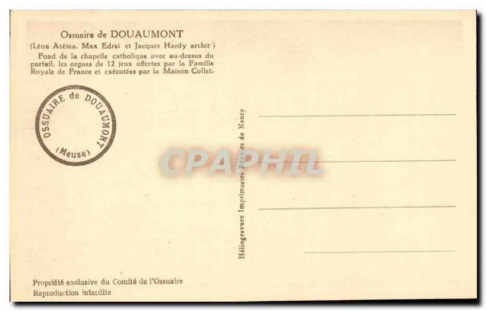 Ossuar von Douaumont — Katholische Kapelle — Heliogravur Druckerei Nancy - Rückseite