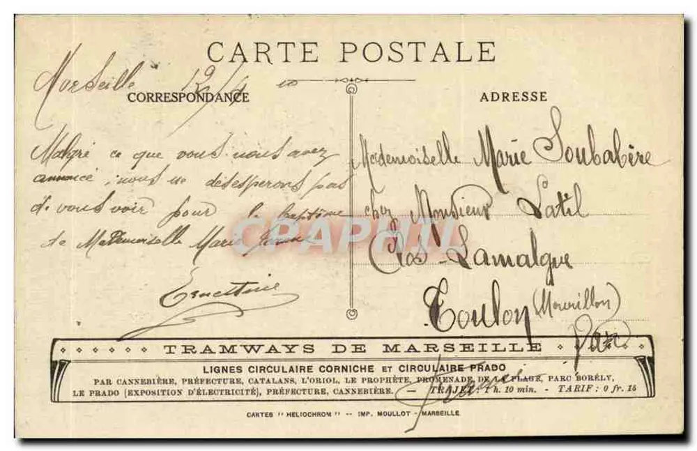 Marselha — Passeio da Corniche — Editor: Imp. Moullot - Verso