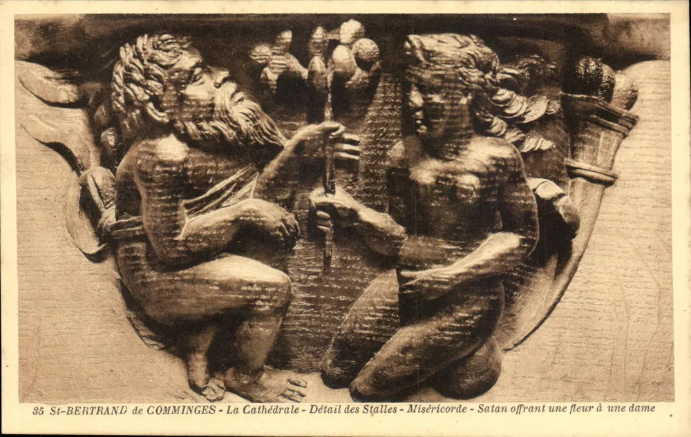 St-Bertrand de Comminges — Detail der Bänke — Satan bietet einer Dame eine Blume — Sonderausgabe der Kathedrale - Vorderseite