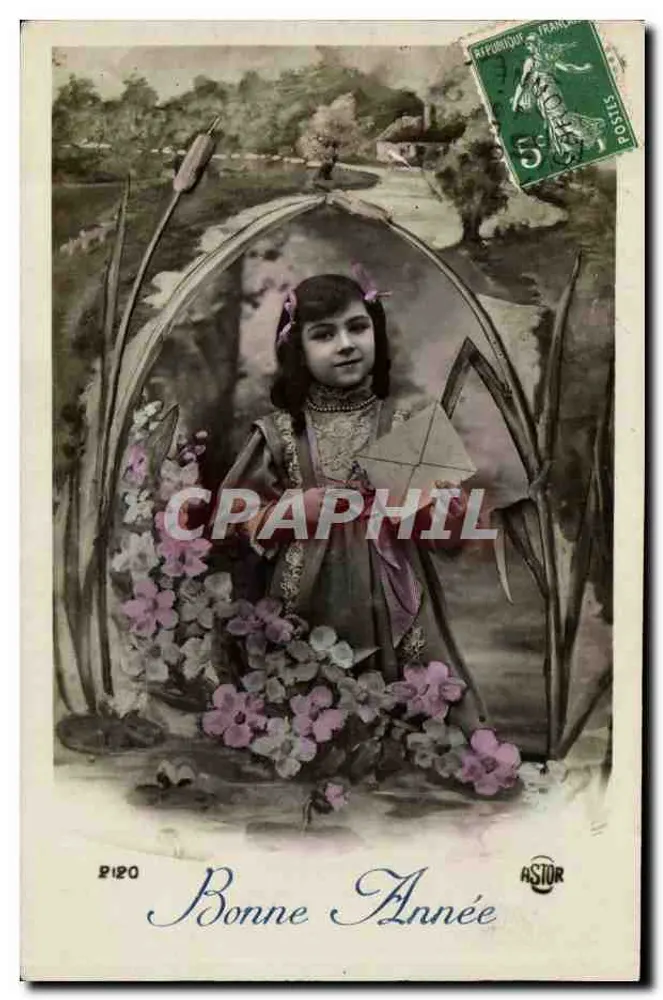 Mädchen in einem Rahmen aus Schilf — Frohe Neujahr — Verlag Astor, Nr. 8120 - Vorderseite