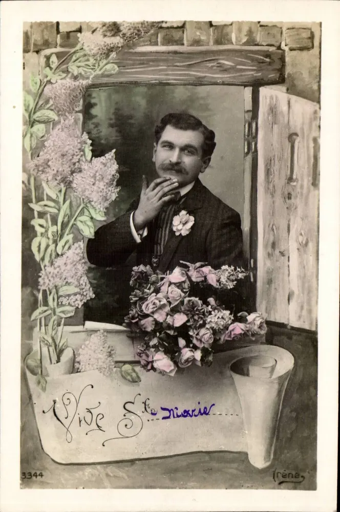 Porträt eines Mannes mit Rosenbouquet — Verlag Irène, Nr. 3344 - Vorderseite