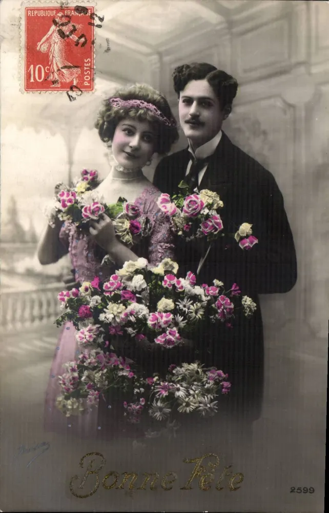 Paar mit Blumenstrauß — Frohe Geburtstagsgrüße — Verlag Béatrice n°2599 - Vorderseite
