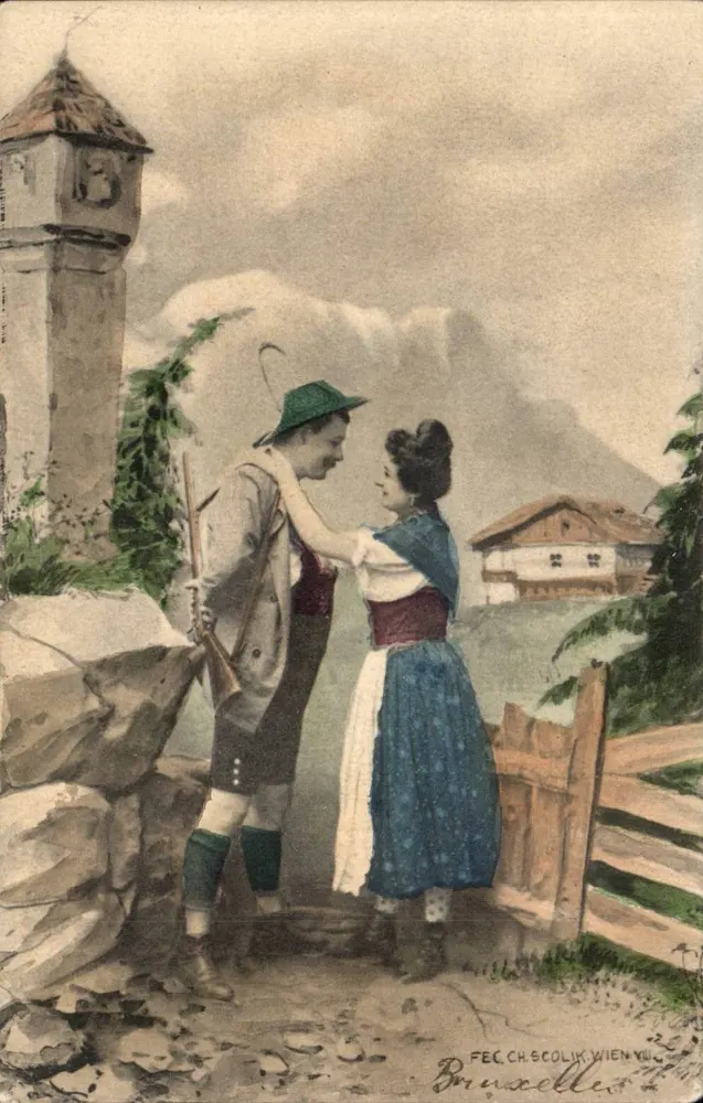 Paar in traditioneller Kleidung — Berglandschaft — FEC. CH. SCOLIK WIEN VII - Vorderseite