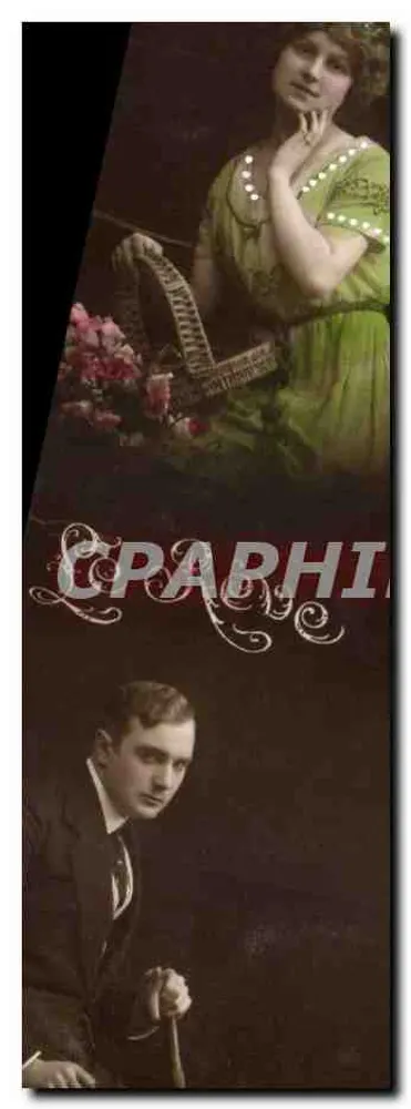 Portrait d'une femme en robe verte et d'un homme en costume — éditeur Craphil, n° de série non visible - Recto