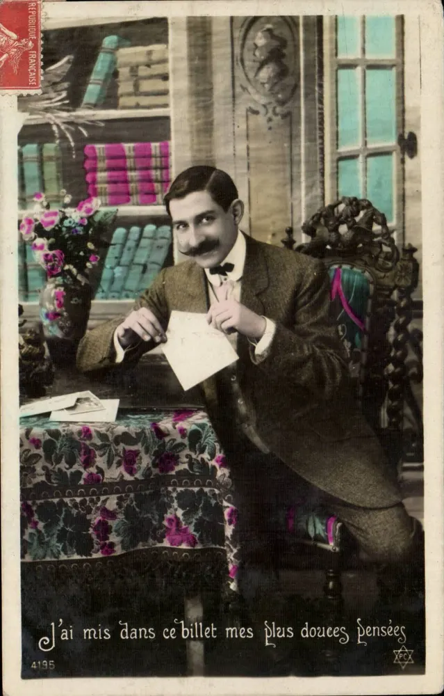 Mann mit Schnurrbart — einen Zettel schreibend — anonymer Verlag, Nr. 4195 - Vorderseite