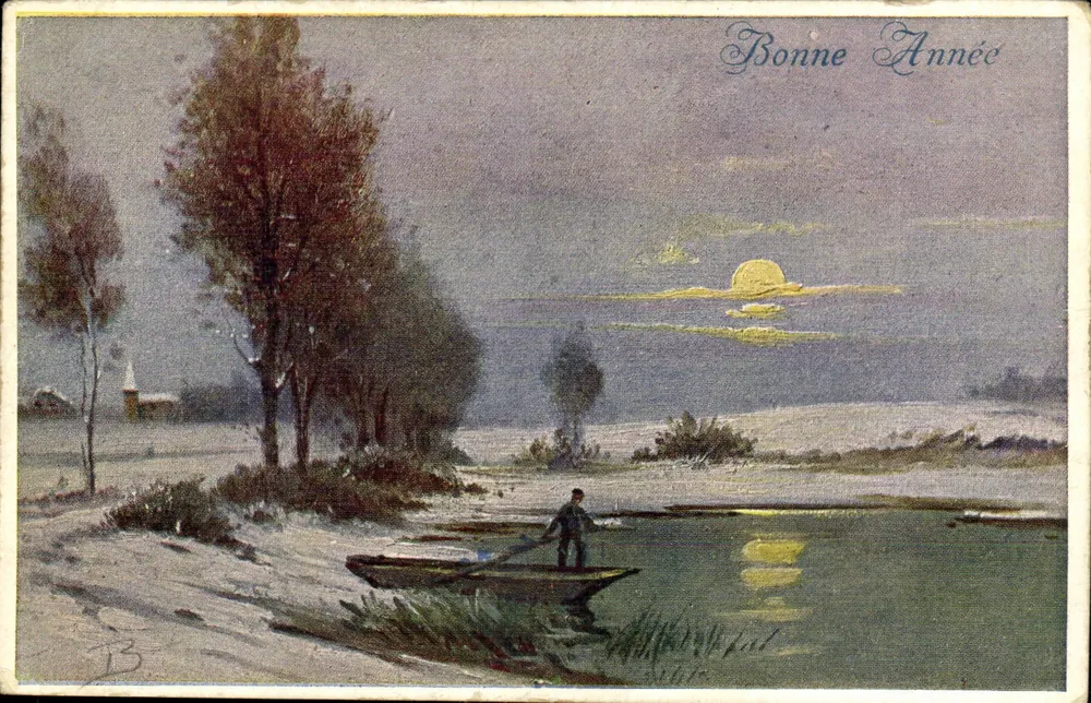 Winterlandschaft — Mann in einem Boot — 'Bonne Année' — Union Rav. Stamps Milano N. 1086 - Vorderseite
