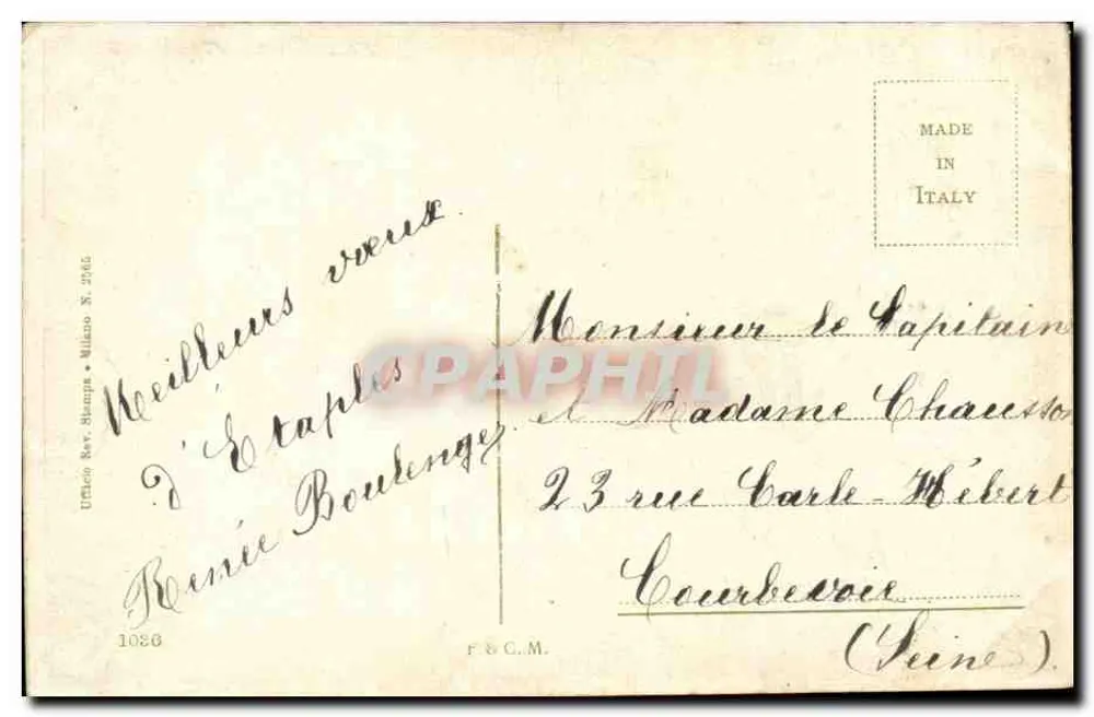 Winterlandschaft — Mann in einem Boot — 'Bonne Année' — Union Rav. Stamps Milano N. 1086 - Rückseite