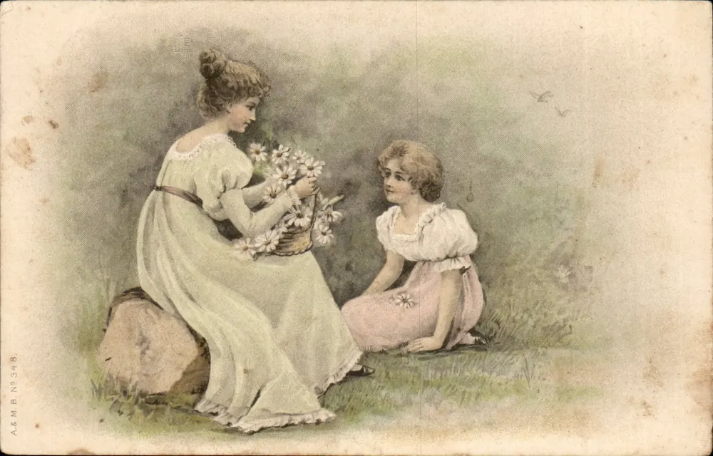 Frau, die Blumen einer kleinen Mädchen schenkt — A&M B. Nr. 348 — A&M - Vorderseite