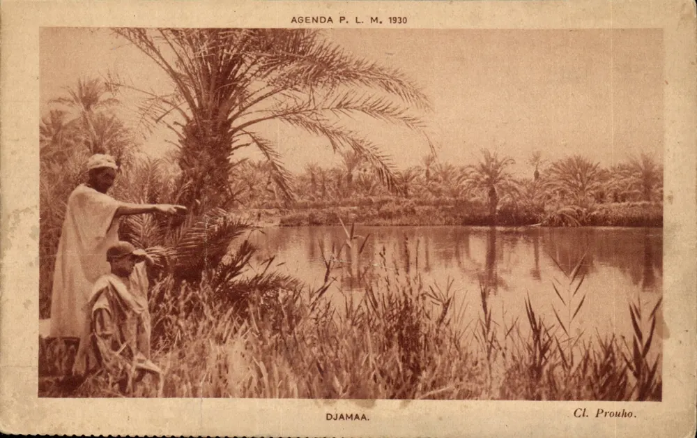 Djamaa — paisagem com palmeiras e lago — Cl. Prouko, Agenda P. L. M., 1930 - Frente