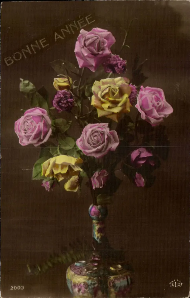 Rose-Blumenstrauß — Gute Neujahrswünsche — E. Le Doley, Paris - Vorderseite