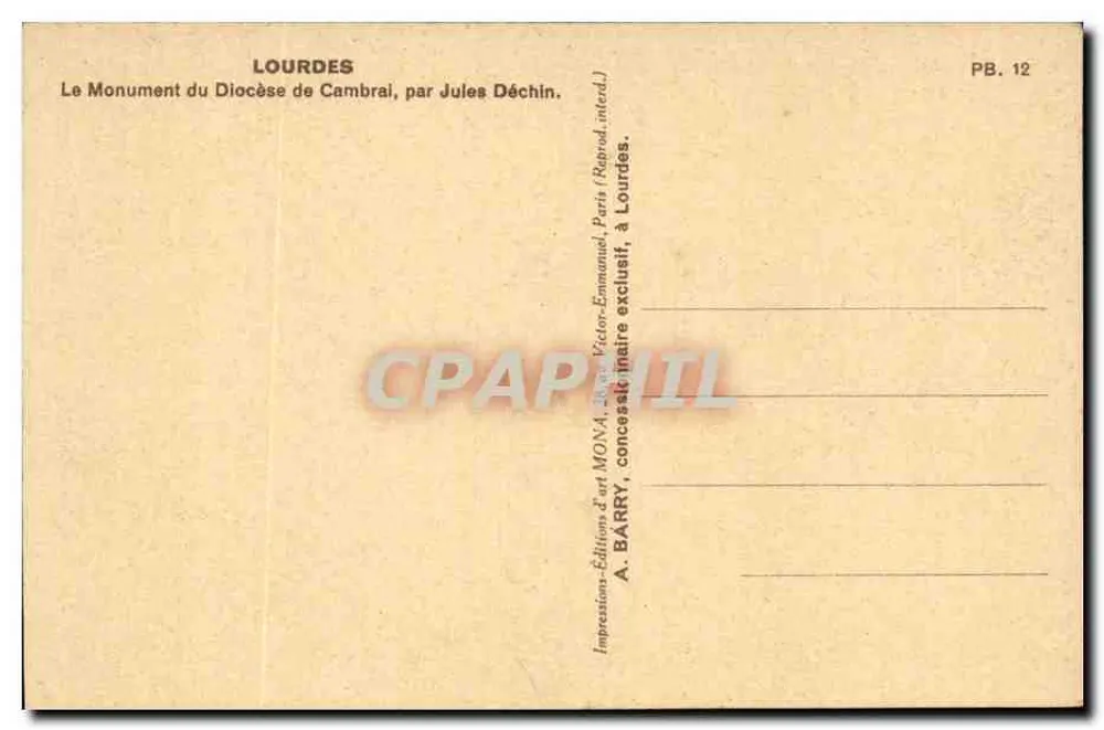 Lourdes — Monument des Bistums Cambrai — von Jules Déchin, Verlag Mona - Rückseite