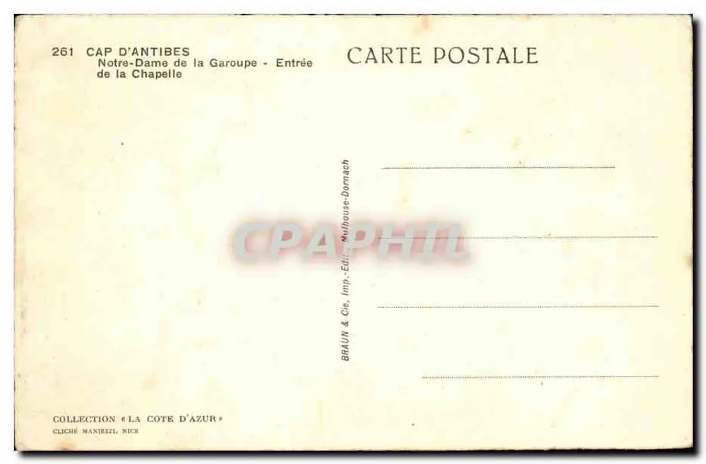 Cap d'Antibes — Notre-Dame de la Garoupe — Eingang zur Kapelle — BRAUN & Cie, Verlag, Mulhouse-Dornach - Rückseite