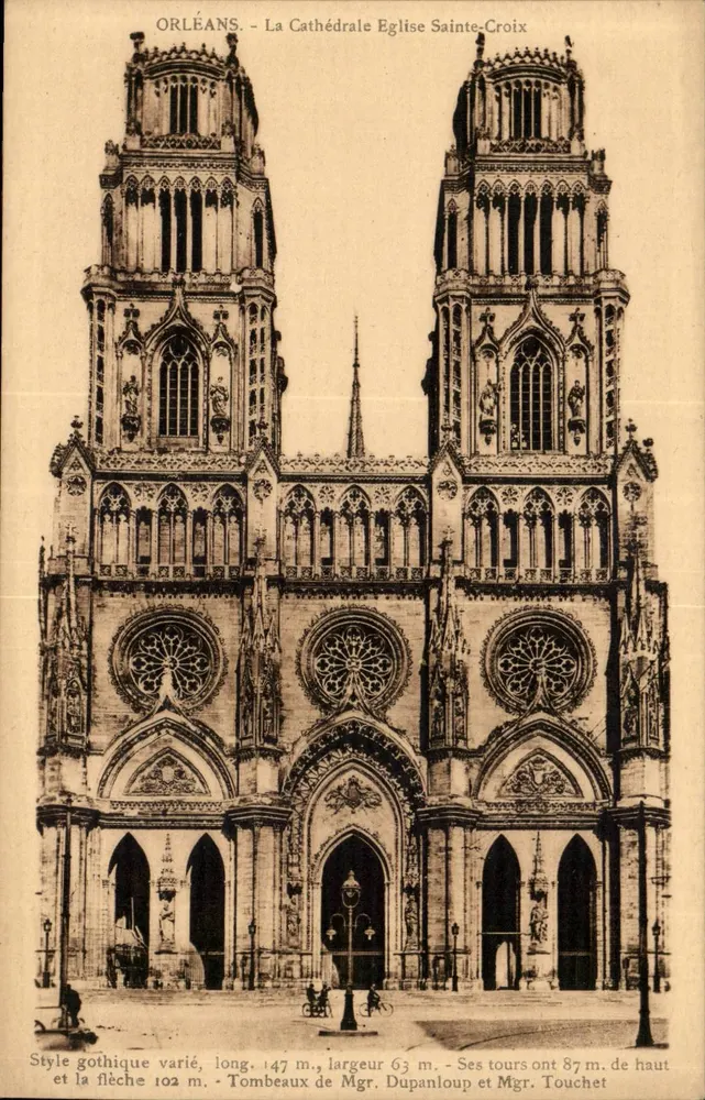Orléans - Die Kathedrale Kirche Sainte-Croix — Vielfältig gotischer Stil, Länge 147 m., Breite 63 m., Türme 87 m. hoch und der Turm 102 m. — Grabmale von Mgr. Dupanloup und Mgr. Touchet - Vorderseite