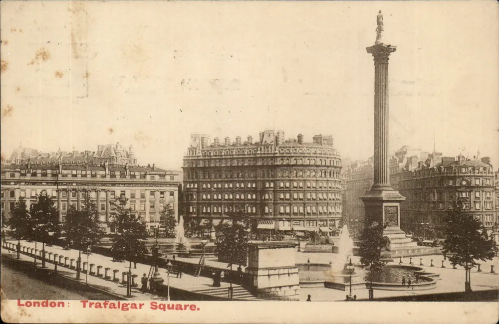 London: Trafalgar Square — Ansicht des Nelson-Monuments und Brunnen — E.F.A. London Series, Nr. 522 - Vorderseite