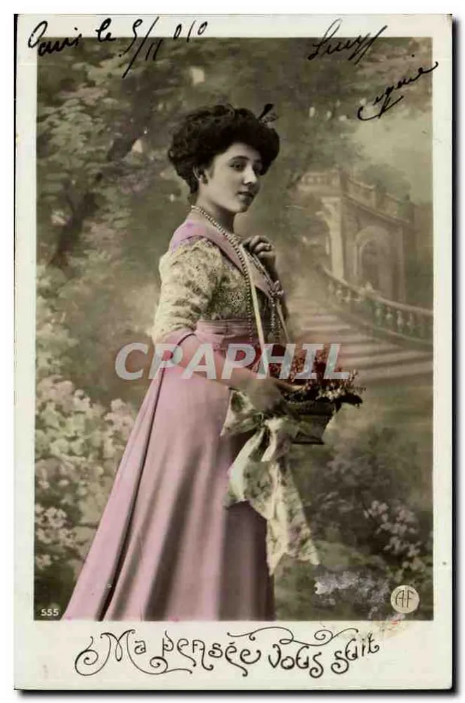 Junge Frau in rosa Kleid — Garten-Dekoration — Verlag AF, Nr. 555 - Vorderseite