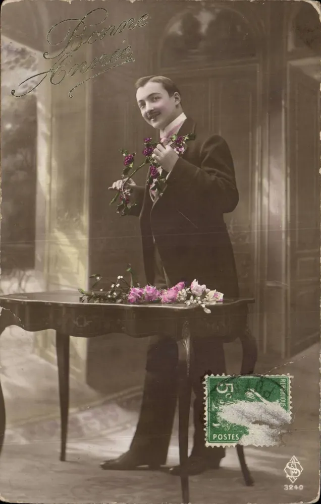 Junge Mann mit Blumenstrauß — Frohe Neujahr — Verlag Rép. Louis, Nr. 3240 - Vorderseite