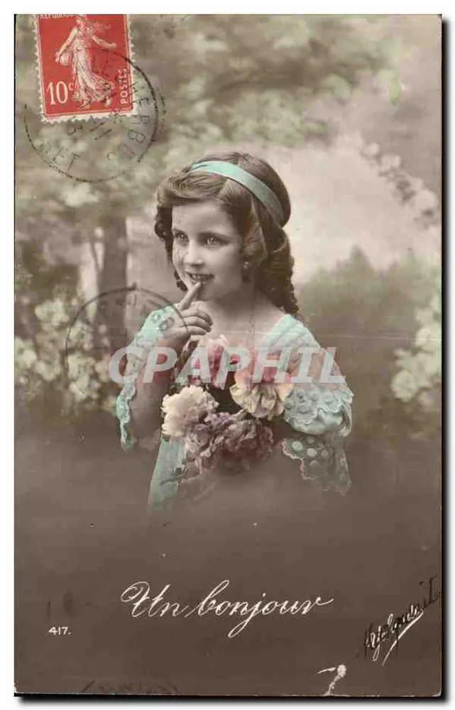 Mädchen mit Blumenbouquet — 'Un bonjour' — unbekannter Verlag, n° 417 - Vorderseite