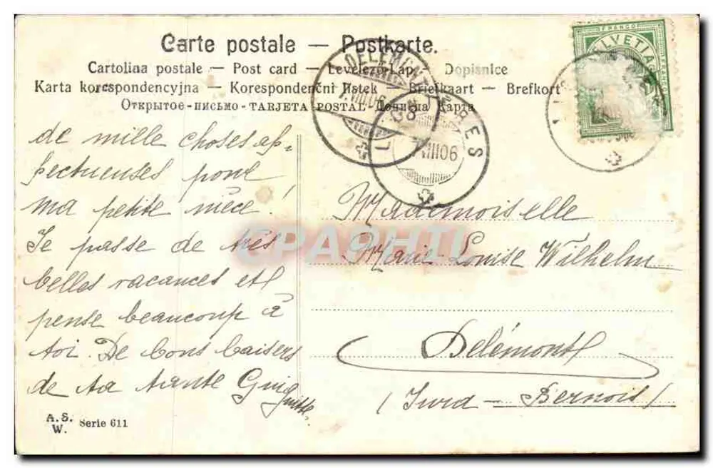 Menina pequena em um jardim — Carta postal A.S. Série 611 — editada por W. (Delémont, Suíça) - Verso