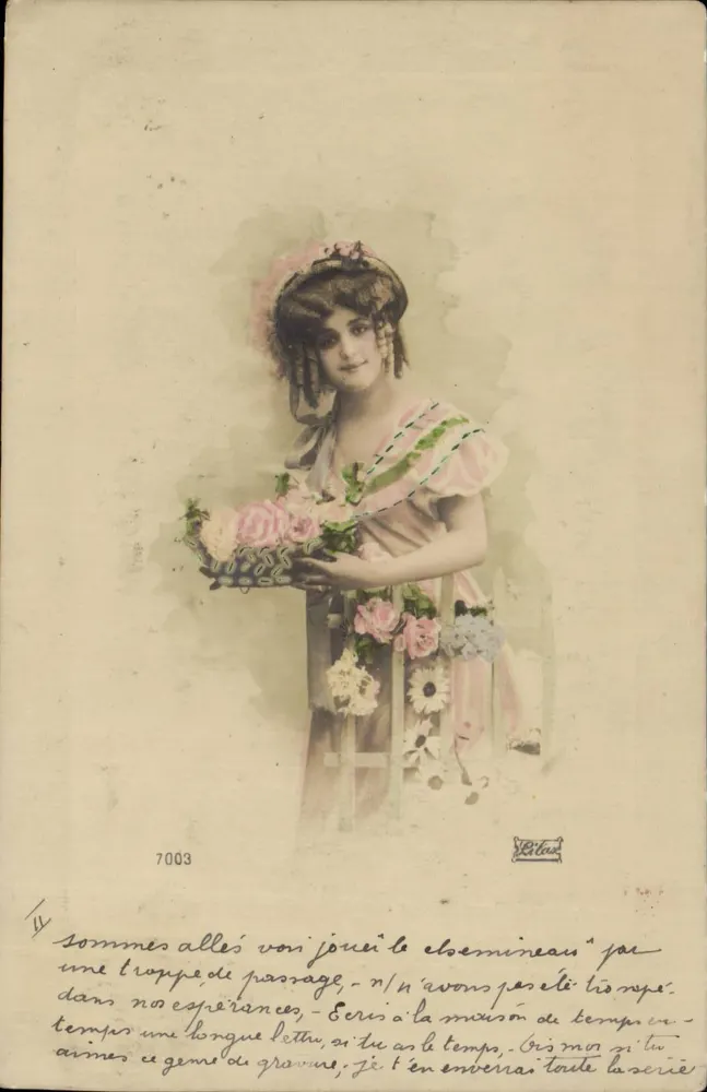 Junge Frau in einem rosa Kleid mit einem Blumenkorb — Verlag Létau, Nr. 7003 - Vorderseite