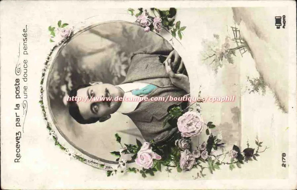 Junge Mann — Porträt in ovalem Rahmen mit Rosen — Verleger Delcampe, Nr. 2178 - Vorderseite