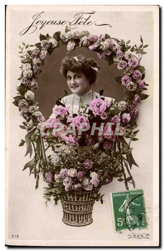 Lächelnde Frau in Rosenrahmen — 'Joyeuse Fête' — U.D. n° 276 - Vorderseite