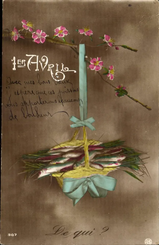 April — Blumen und Fische in einem Korb — Antike Ansichtskarte n°907 - Vorderseite