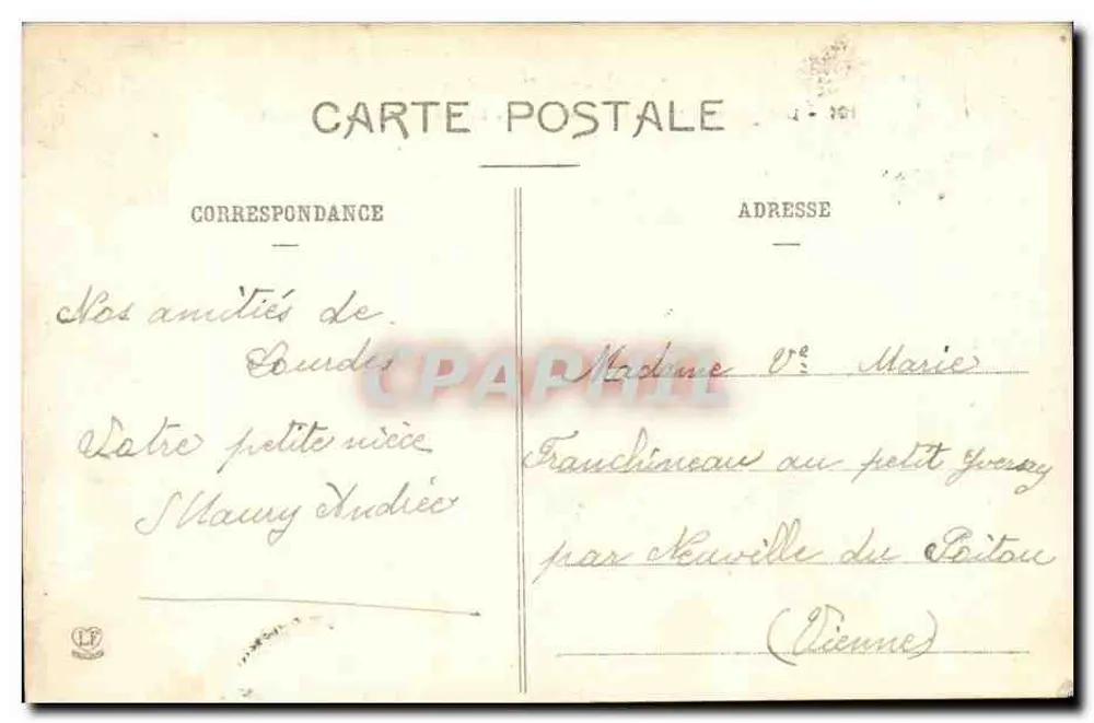 Lourdes — Luftbild der Esplanade und der Basilika — Phototypie Larbuche, Toulouse - Rückseite