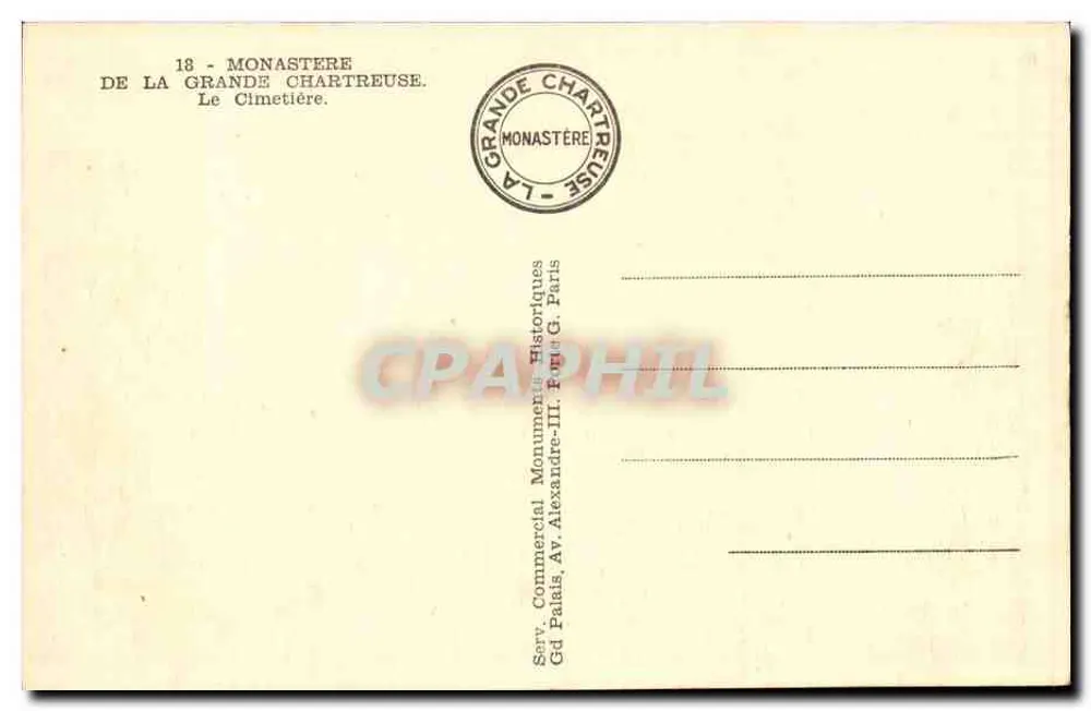 Mosteiro da Grande Chartreuse — O Cemitério — Editor Serv. Comercial Monuments Historiques, Paris - Verso