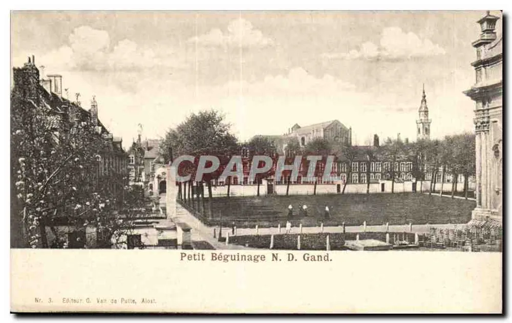 Kleines Beguinenhaus N. D. Gand — Ansicht des Gartens mit Gebäuden und Turm — Verleger G. Van de Putte, Alost, Nr. 3 - Vorderseite